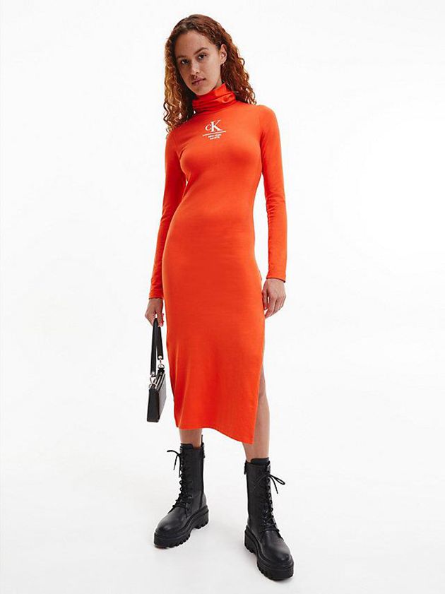 Calvin Klein USA Jersey Roll Neck Maxi Womens Dress Orange 4891523-YL